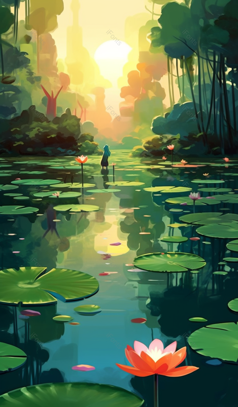 唯美绿色夏至池塘的风景清新插画背景,插画/手绘图,插画/手绘图库,插画/手绘图下载,插画/手绘